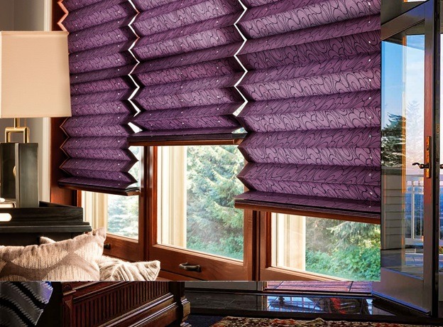 Maroon-colored pleated blinds in a Kansas City home interior, featuring custom textured fabric by The Blind Broker.