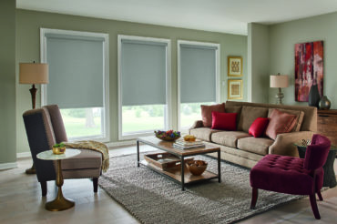 Graber roller shades in Whitehall Wolverine, featured in a home living space. Available at The Blind Broker of Kansas City.