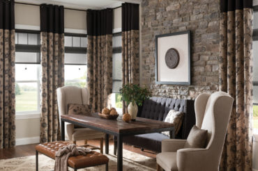 Artisan drapery in a home dining area, available at The Blind Broker of Kansas City.