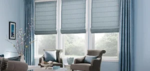 Light blue pleated window shades by The BlindBroker in a Kansas City-area home living area.